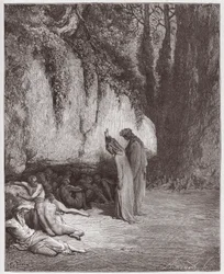 Božská komedie (La Divina Commedia, La Divine Comedie), Purgatorio, Canto 4: Indolent souls around the rock - Dante Alighieri (1265-1321) - Ilustrace Gustave Dore (1832-1883)