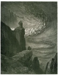 Peklo Danteho Alighieriho, Božská komedie, ilustrované Gustavem Dorém. Francouzské vydání z roku 1861. „La bufera infernal, che mai non resta / Mena gli spirti con la sua rapina. (Pekelný hurikán, který nikdy neustává, strhává duchy do svého víru.)“