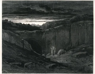 Peklo Danta Alighieriho z Božské komedie, ilustrované Gustavem Dorém. Francouzské vydání z roku 1861. Dante a Vergilius u vchodu do pekla: „Zanechte vší naděje, vy, kteří vstupujete“, zpěv 3, verš 9.