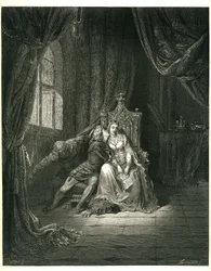 Peklo Danta Alighieriho (Božská komedie) s ilustracemi Gustava Doreho. Francouzské vydání z roku 1861. Francesca da Rimini a její milenec: "Quel giorno piu non vi leggemo avante. (Tento den nečteme dál)", zpěv 5. v. 138