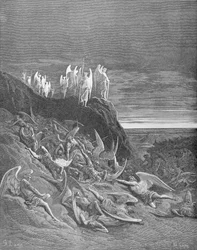 Válka v nebi, z knihy VI Ztraceného ráje Johna Miltona (1608-74), rytina A. Lignyho, kolem 1868