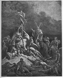 Měděný had - „Měděný had“ - Kniha Exodus (nahash), proměna Mojžíšovy hole v hada - Mojžíš a měděný had - rytina v „Ilustrované bibli“ Gustava Dorého (1832-1883) - rytina z „Dorého bible“