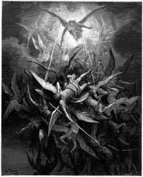 Pád andělů. Ilustrace Gustava Dorého k „Ztracenému ráji“ Johna Miltona (1608-1674). Rytina z roku 1866. Soukromá sbírka