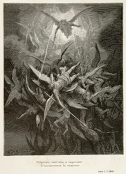 Pád andělů, scéna ze Ztraceného ráje Johna Miltona (1608-1674), ilustrace Gustava Dorého (1832-1883)