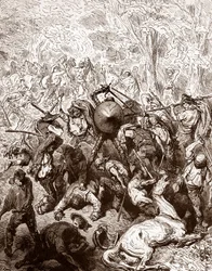 Boj proti mezkům z Yanguas Rytina Gustava Dorea (1832-1883) pro „The Ingenieux Hidalgo Don Quixotte de la Manche (Quixotte – Quijote)“ od Miguela de Cervantese (1547-1616) 1863 Soukromá sbírka