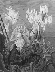 Námořník vidí skupinu andělských duchů, scénu z filmu The Rime of the Ancient Mariner od S.T. Coleridge, vydal Harper und Brothers, New York, 1876 (dřevoryt)