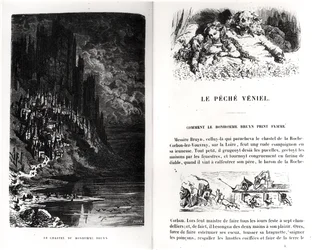 Dvě ilustrované stránky z „Les Contes Drolatiques“ od Honore de Balzac (1799-1850) vyryté Heliodorem Josephem Pisanem (1822-90)