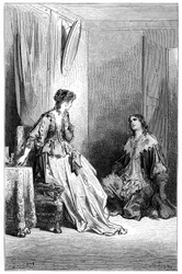 Vallombreuse poklekne před Isabelle, kterou miluje. Rytina Gustava Doreho ilustrující román Theophila Gautiera "Le capitaine Fracasse", edice Charpentier 1863.