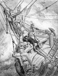 Duch Jižního pólu stále žádá pomstu za zabití albatrosa a námořník je sražen k zemi a omdlévá, scéna z díla „The Rime of the Ancient Mariner“ od S. T. Coleridge, vydalo Harper & Brothers, New York