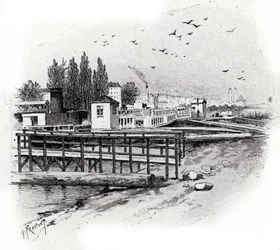Opravárenské dílny vodních autobusů na řece Seině v Paříži Kresba Gustava Fraiponta (1849-1923) čerpá z „La seine a travers Paris“ od Saint-Judges