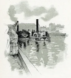 Lodě kotvící v přístavu La Villette v Paříži. Kresba Gustava Fraiponta (1849-1923) z díla „La Seine à travers Paris“ od Saint-Juirse