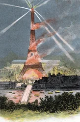 Eiffelova věž osvětlená během světové výstavy v Paříži 1889 Kresba Gustava Fraiponta (1849-1923) čerpá z „La seine a travers Paris“ od Saint-Juirse
