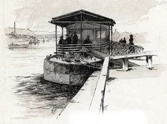 Embarcadere des Bateaux-mouches (Bateaux-mouches) sur la Seine, Paříž (Pohled na molo turistických lodí na řece Seině, Paříž) Kresba Gustava Fraiponta (1849-1923) čerpá ze Saint-Juirsova „“ La seine a travers Paris “