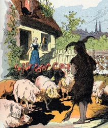 Služebnice oslí kůže Ilustrace Gustava Fraiponta k příběhu „“ Hůlková kůže“ (Ane skin) Charles Perrault (1628-1703), francouzský spisovatel (Ilustrace k „Oslí kůži““ francouzská literární pohádka) Soukromá sbírka