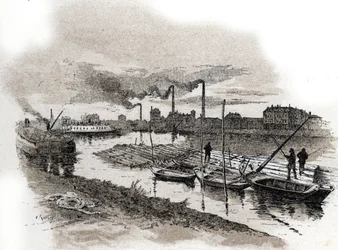 Ivry sur Seine, dřevěné vláčky (Splavování dřeva na řece Seině, Ivry-sur-Seine) Kresba Gustava Fraiponta (1849-1923) čerpá z „La seine a travers Paris“ od Saint-Juirse