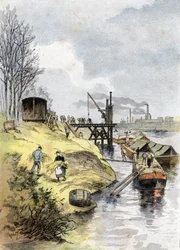 Dokaři nakládající jablka do aut na nábřeží Bercy v Paříži Kresba Gustava Fraiponta (1849-1923) čerpá z „La seine a travers Paris“ od Saint-Juirse