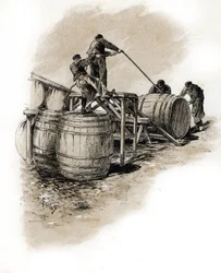 Le stacking des tonneaux de vin, Bercy Paris (Dokaři sázející sudy s vínem, Bercy, Paříž) Kresba Gustava Frainponta (1849-1923) čerpá ze Saint-Juirsovy „La seine a travers Paris“