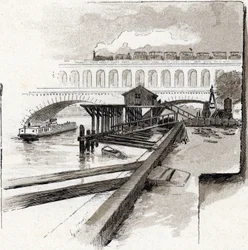 Viaduct du Point du jour, Boulogne-Billancourt (pohled na Viaduct Bridge of Day District, Boulogne Billancourt) kresba Gustave Fraipont (1849-1923) od Saint-Juirs
