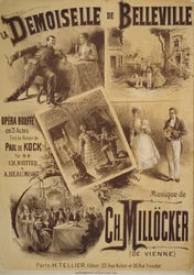 Plakát k La Demoiselle de Belleville, komická opera, libreto Charles Nuitter a Alexandre Beaumont, hudba Karl Millocker, Kresba Gustave Fraipont, Tellier publishing, Paris
