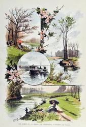 Okraj Marny: z Charentonu do Nogentu v roce 1887. Ilustrace Gustave Fraipont (1849-1923) Rytina z roku 1887 v „týdenním týdeníku Paris-Illustrous“.