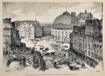 Nová Rue du Louvre a Halle au Ble v Paříži v roce 1887. ilustrace Gustave Fraipont (1849 - 1923). Rytina z roku 1887 v týdeníku „Pařížský Illustrous“.