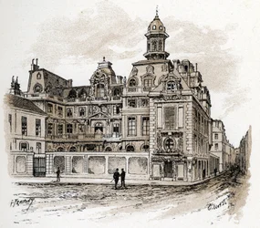 Pohled na Hotel de la Valletta na Quai des Celestins, Paříž (Pohled na Hotel Valette na quai des Celestins, Paříž) Kresba Gustava Fraiponta (1849-1923) čerpá ze Saint-Juirsovy „“La seine a travers Paris“