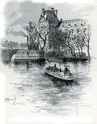 Pohled na Pavillon de Flore, Palais du Louvre, z Quai Voltaire, Paříž (Pohled na část Pavillon de Flore paláce Louvre z nábřeží Voltaire, Paříž) Kresba Gustava Fraiponta (1849-1923) ze Saint-Juirs