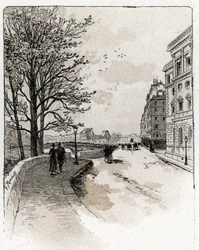 Pohled na Quai des Orfevres, Ile de la Cite, Paříž Kresba Gustava Fraiponta (1849-1923) ze Saint-Juirs