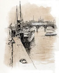 Pohled na společnost Seine et Thames, jejíž lodě spojují Paříž a londýnskou kresbu Gustave Fraipont (1849-1923) čerpá z „La Seine A Travers Paris“ od Saint-Juirs