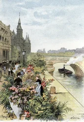 Pohled na květinový trh, Ile de la Cite, Paříž Kresba Gustava Fraiponta (1849-1923) ze Saint-Juirs