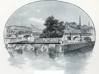 Pohled na zámek Monnaie, před hotelem des Monnaie v Paříži Kresba Gustava Fraiponta (1849-1923) čerpá ze Saint-Juirsovy „La seine a travers Paris“