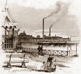 Pohled na quai de Javel v Paříži, actuel quai André-Citroen (Pohled na quai Andre Citroen dříve quai de Javel, Paříž) Kresba Gustava Fraiponta (1849-1923) čerpá z „La seine a travers Paris“ od Saint- Juirs