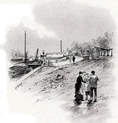Pohled na břehy řeky Seiny a nábřeží Saint-Bernard, Paříž Kresba Gustava Fraiponta (1849-1923) čerpá z „La seine a travers Paris“ od Saint-Juirse