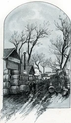 Pohled na sklad rue de Sauternes, Bercy, Paříž (Pohled na sklad rue de Sauternes, Bercy, Paříž) Kresba Gustava Fraiponta (1849-1923) čerpá z „La seine a travers Paris“ od Saint-Juirs
