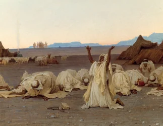 Večerní modlitba v poušti Sahara. Detail tábora Tuaregů. Malba Gustava Achilla Guillaumeta (1840-1887), 1863. Rozměry 1,3x2,8 m. Paříž, Musée d