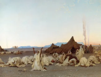 Večerní modlitba na Sahaře. Detail tábora Tuaregů. Obraz Gustava Achilla Guillaumeta (1840-1887), 1863. Slunce. 1,3x2,8 m. Paříž, Musée d
