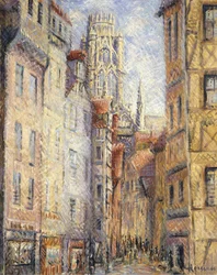 Rouen, ulice u kostela; Rouen, ulice s kostelem, kolem roku 1920