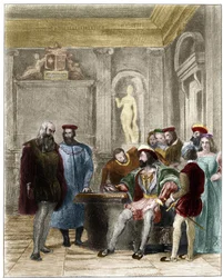 Leonard de Vinci na dvoře francouzského krále Francoise rytina z 1. 19. století od Gustava Greuxe. Soukromá sbírka.