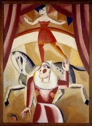 Circus III Akrobat Ecuyere v rovnováze na koni a klaun na cirkusové dráze předvádějící show. Obraz Gustava de Smet (1877-1943) 1926 Sun. 1,3x1,1 m Grenoble, Musee des Beaux Arts Pozor! Použití tohoto díla může podléhat povolení třetí strany