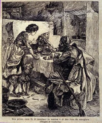 Jeho první starostí bylo zahnat je do kuchyně a nakrmit je... Ilustrace nové „“ Colomby““, kterou napsal Prosper Merimee. Rytina Gustavino (Gustavo Rosso) (1881-1950), cca 1915