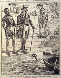 mladý muž poděkoval plukovníkovi za jeho službu... Ilustrace nové „“ Colomby““, kterou napsal Prosper Merimee. Rytina Gustavino (Gustavo Rosso) (1881-1950), cca 1915