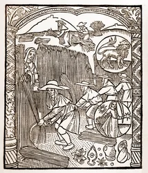 Pastýřský kalendář - Práce měsíců - Srpen - Dřevoryt z knihy z roku 1496 vytištěné Guy Marchantem (Guido Mercator) v Troyes - Dřevoryt v „Le grand Calendrier et compost des shepherds“ -
