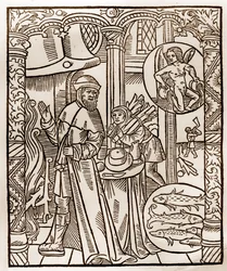 Pastýřský kalendář - Práce měsíců - Únor - Dřevoryt z knihy z roku 1496 vytištěné Guyem Marchantem (Guido Mercator) v Troyes - Dřevoryt v „“Le grand Calendrier et compost des shepherds““ -