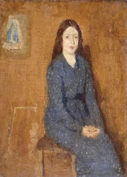 Sedící dívka ve strakatě modrých šatech, 1914-15