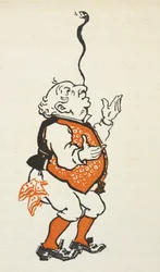 Ilustrace elegantně oblečeného muže balancujícího s hadem na nose.
