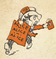 Ilustrace šíleného kloboučníka běžícího s knihou a cedulí s nápisem „Alice Alice Alice“