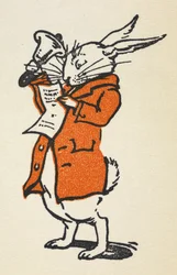 Ilustrace bílého králíka v červeném kabátku, který zvoní na velký zvon a čte.