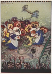 Ilustrace dvou morčat oblečených v oblečcích služebných, která se starají o ještěrku, zatímco dva ježci v pozadí nesou nosítka, aby jí pomohli.