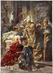Křest svatého Štěpána (asi 970-1038), světce a prvního uherského krále, pokřtěného svatým Vojtěchem Pražským. Podle díla Gyuly Benczúra. Uherský princ Vajk je pokřtěn svatým Vojtěchem Pražským a přijímá jméno Štěpán (svatý Štěpán I., král)