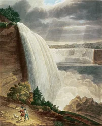Niagarské vodopády, část American Fall from the Foot of the Stair Case, vyryl J. Hill, hospoda. od H.L.Megarcy (barevné rytí)